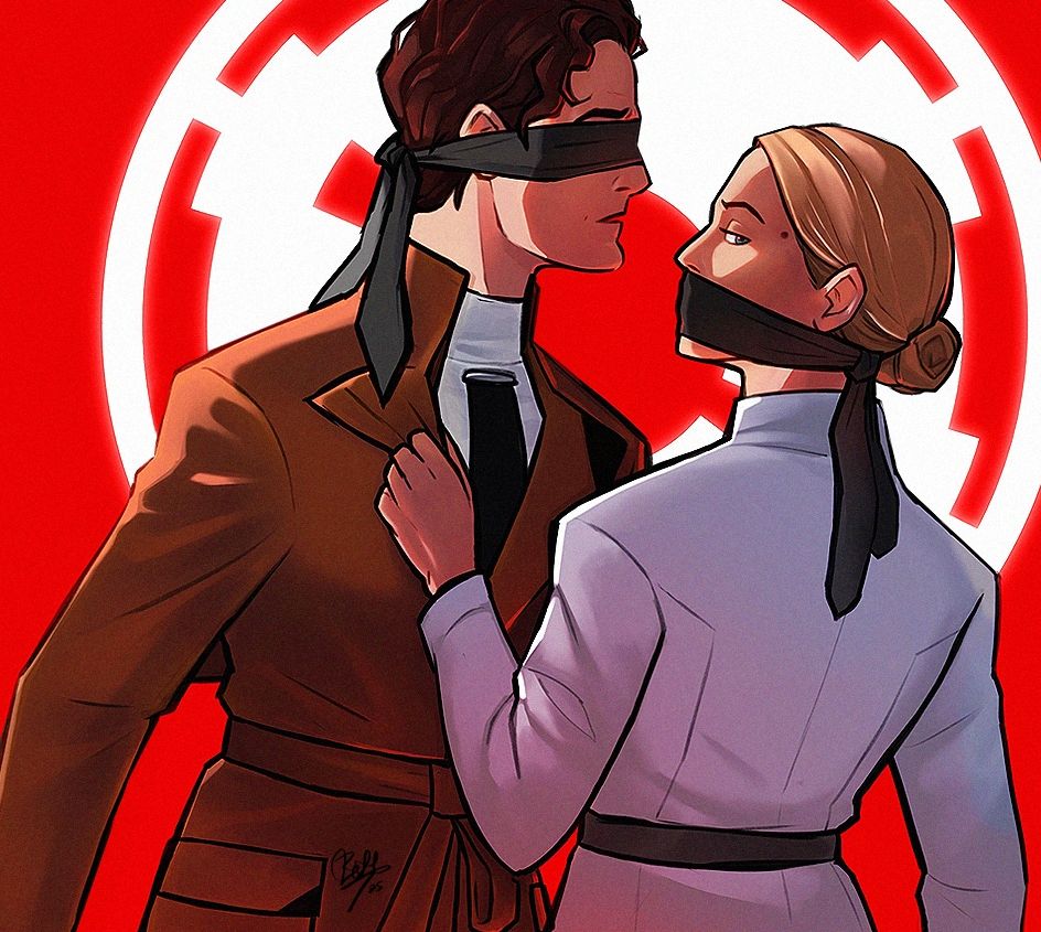 fan art of syril karn and dedra meero facing one another. syril's eyes are covered by black fabric, and dedra's mouth is covered by the same fabric. the empire's insignia looms behind them on a bright red background.