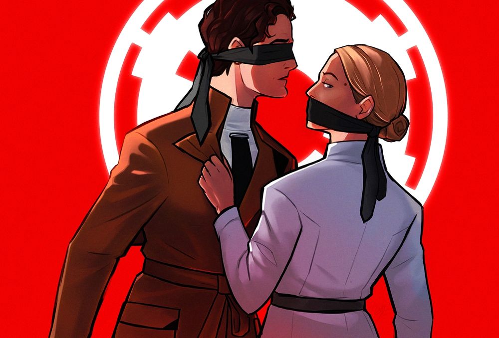 fan art of syril karn and dedra meero facing one another. syril's eyes are covered by black fabric, and dedra's mouth is covered by the same fabric. the empire's insignia looms behind them on a bright red background.