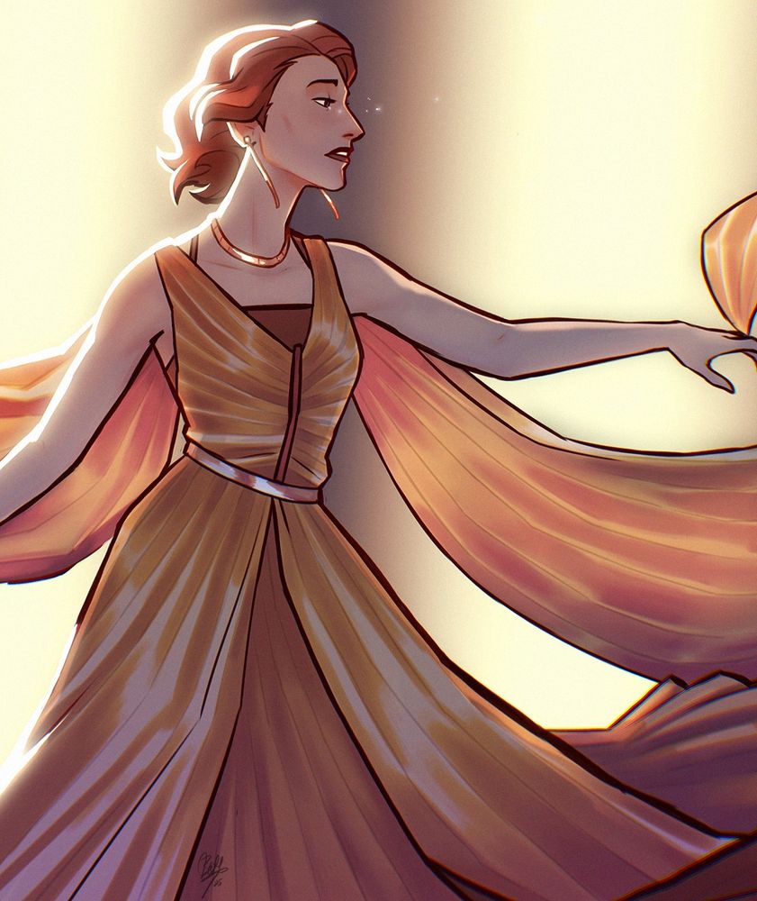 fanart of mon mothma dancing in an elaborate gold dress with tears in her eyes
