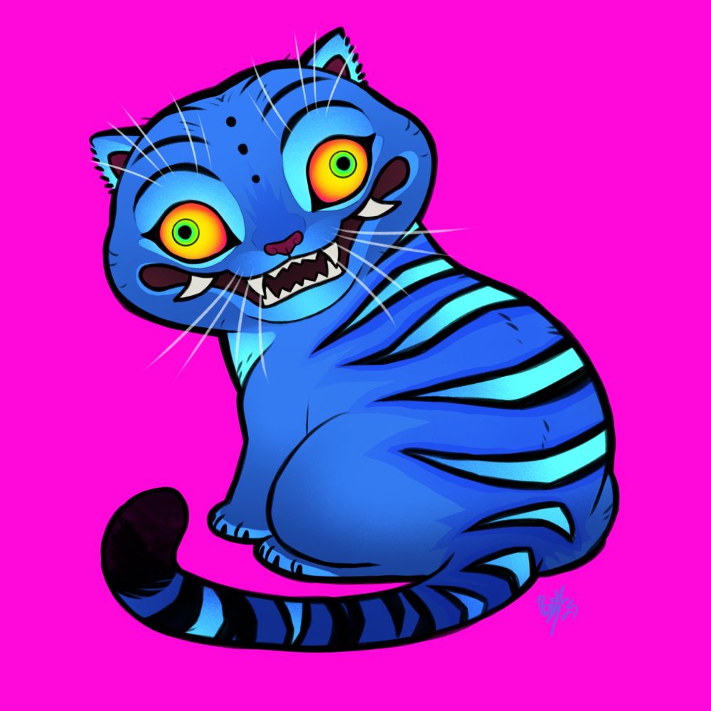 fanart the tiger from k-pop demon hunters. the tiger is sitting and turning its head toward the viewer. it's kinda walleyed and stupid looking.