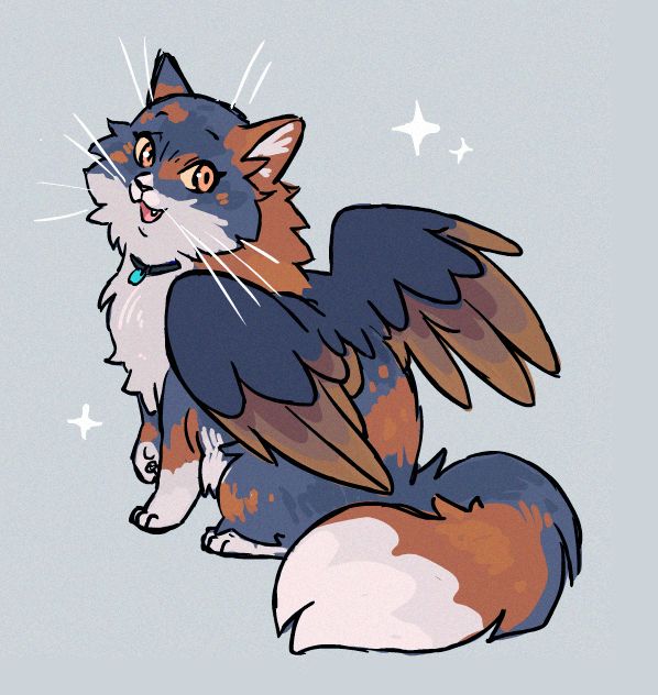 drawn artwork of tara the tressym (winged housecat) from baldur's gate 3 looking over her shoulder to the viewer, her wings spread out and a joyful look on her face