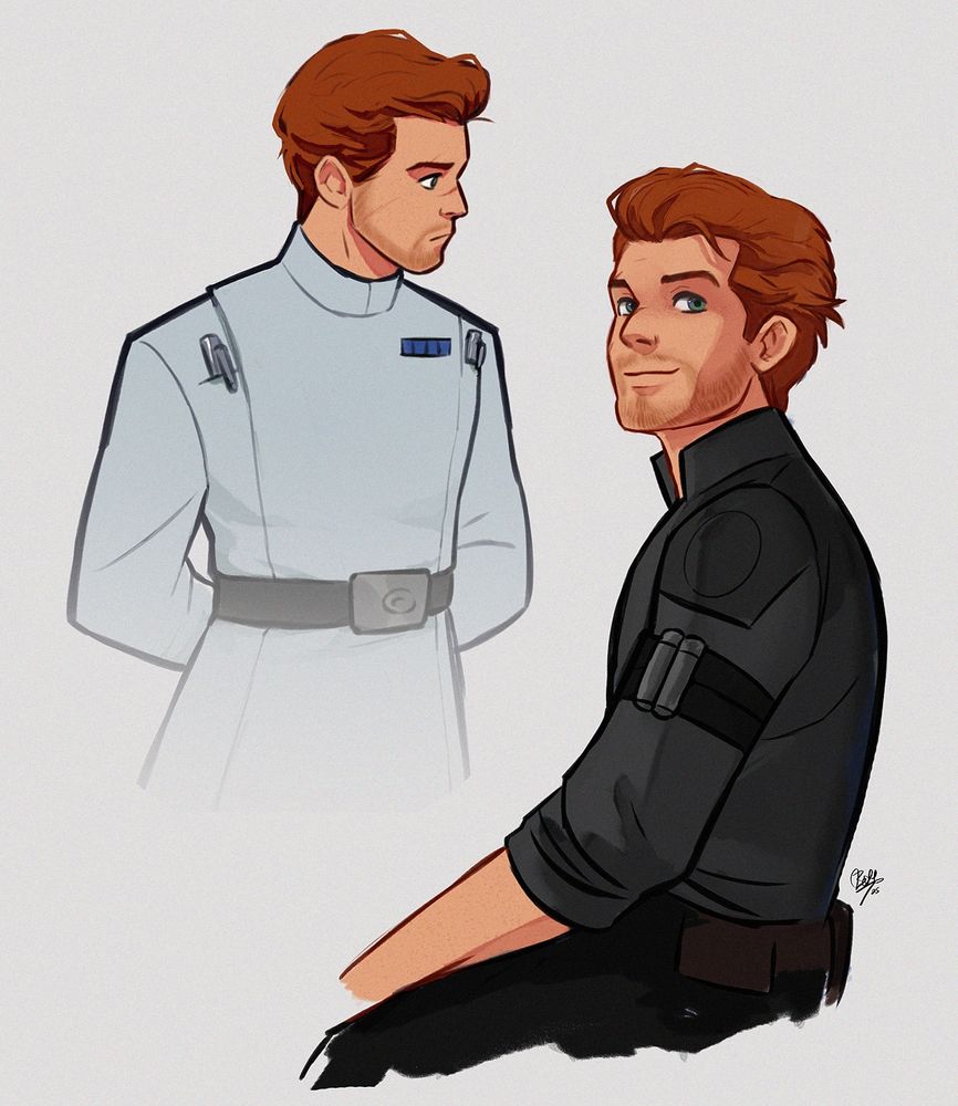 two drawings of cal kestis -- one looking a lil serious in an ISB uniform, the other one sitting casually with a smile in a black shirt and pants