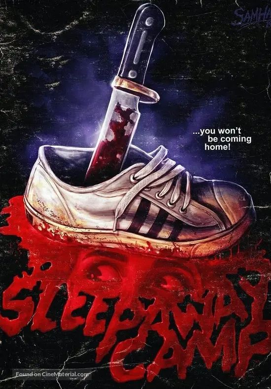 A movie poster for a film named Sleepaway Camp, featuring a tennis shoe with a knife through it on top of the bloody words of the title