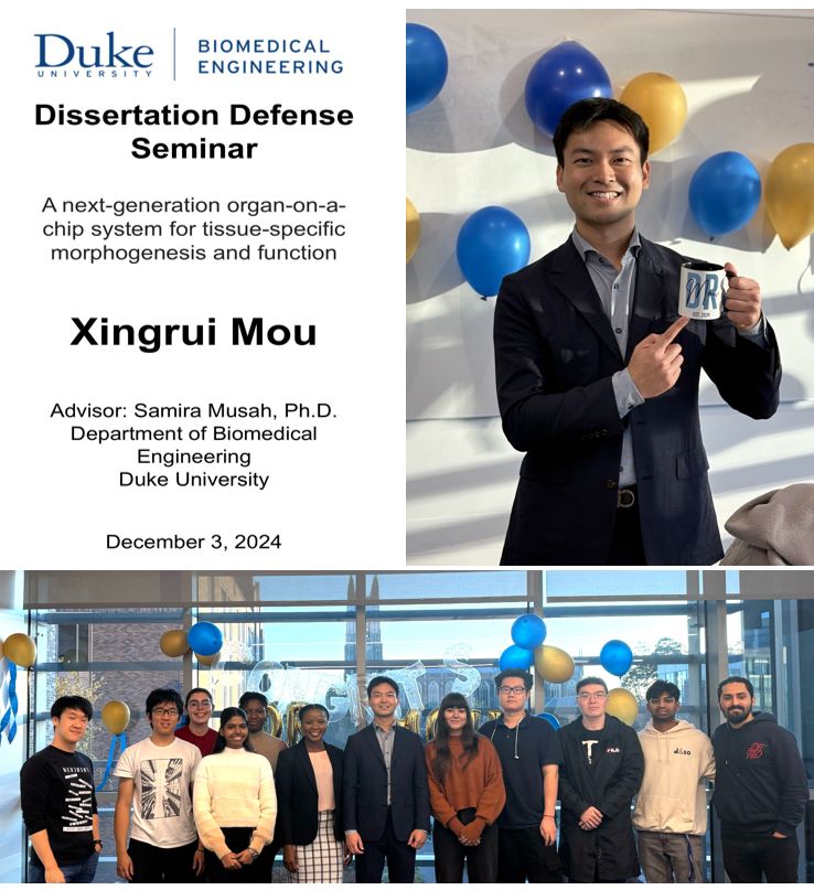 Dr. Xingrui Mou is being celebrated by the Musah Lab at Duke University for his successful PhD thesis defense and becoming the 3rd graduate student from the Musah Lab to achieve this milestone. He is pictured with a huge smile while holding a mug with the text 'Dr. Mou" on it. Members of the Musah Lab research group are also pictured as they celebrate Xingrui for his successful work on engineering biomaterials and microfluidic organ chip devices for tissue engineering and disease modeling.