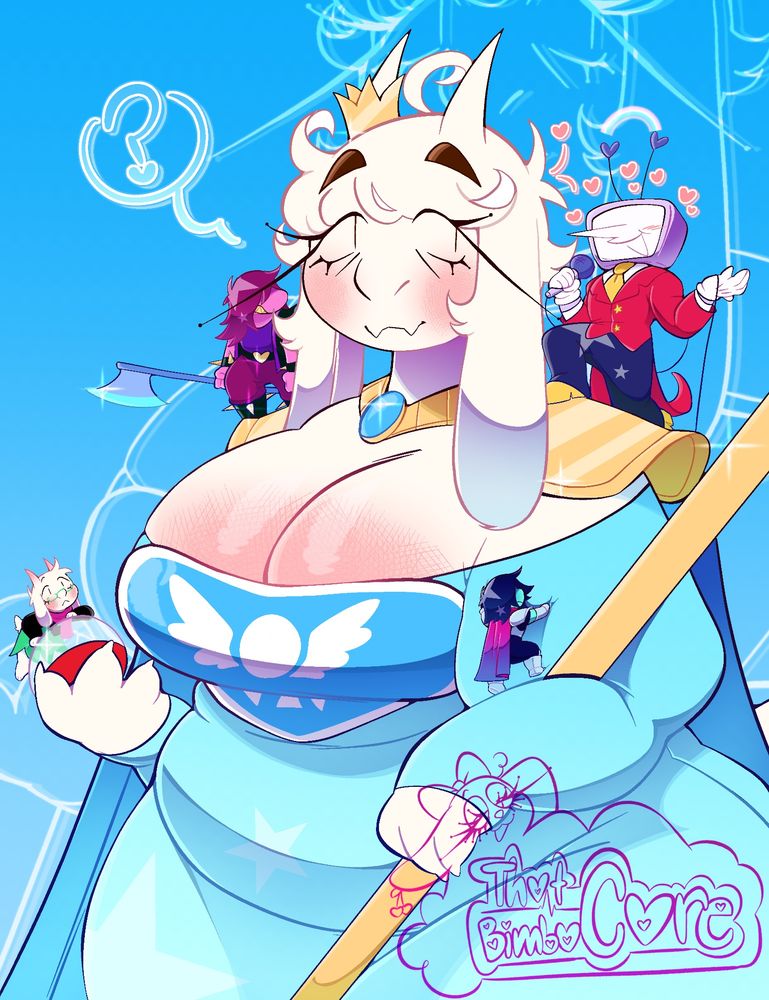 Deltarune fanart of Kris, Susie, and Ralsei climbing atop Toriel to reach Tenna to get him away her. The background is a gradient blue color.