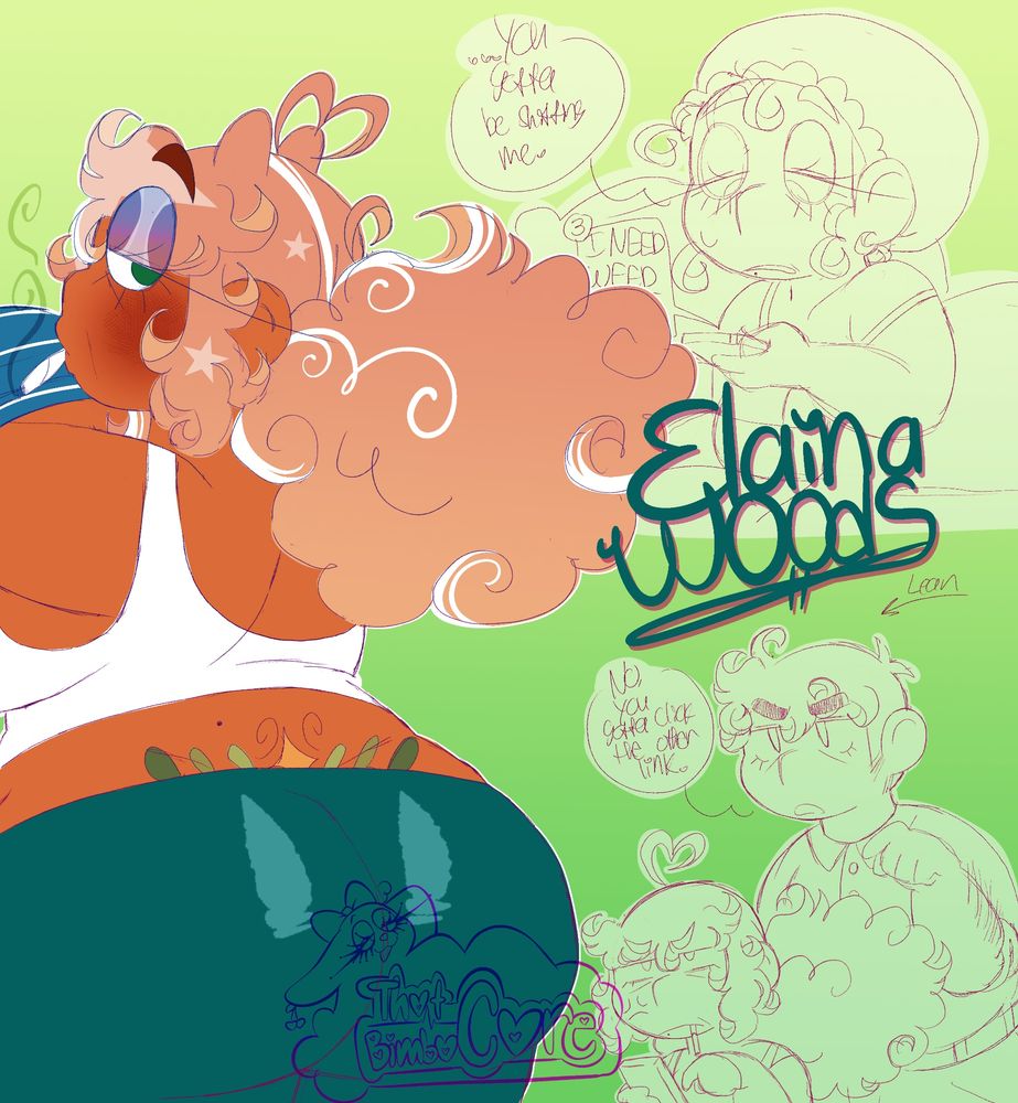 Colored sketch and sketches of my GILF OC, Elaina Woods. The background is a gradient green color.