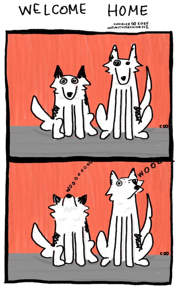 a two panel comic. Marcie and Finn are sitting on a deck, staring forward. in the second panel they are both howling 'wooooo'