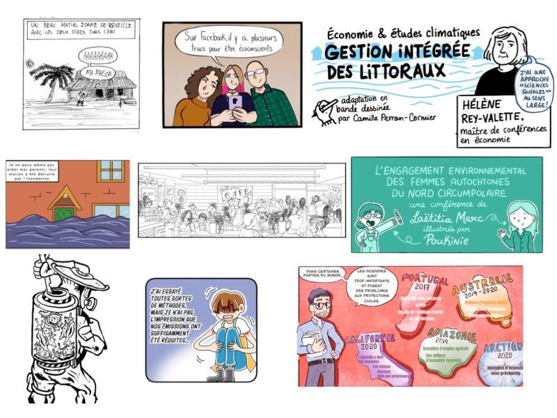 Montage regroupant la première planche de dix bandes dessinées liant changement climatique et recherches en sciences humaines et sociales