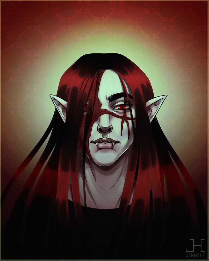 Portrait of a long haired vampire character. They have a big scar on their face.