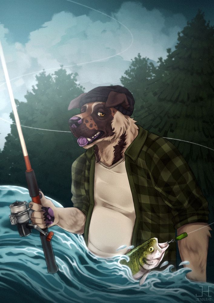 Art of a furry dog character that's fishing