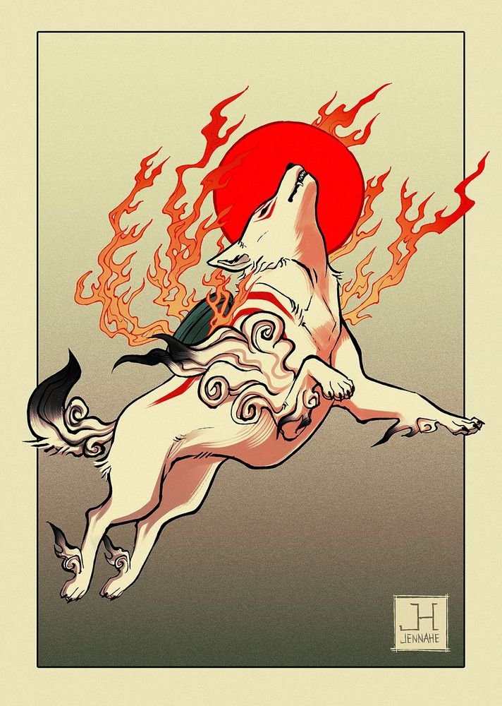 The character Amaterasu from the game Okami, leaping. There's a red sun behind her and flames coming from her weapon behind her back