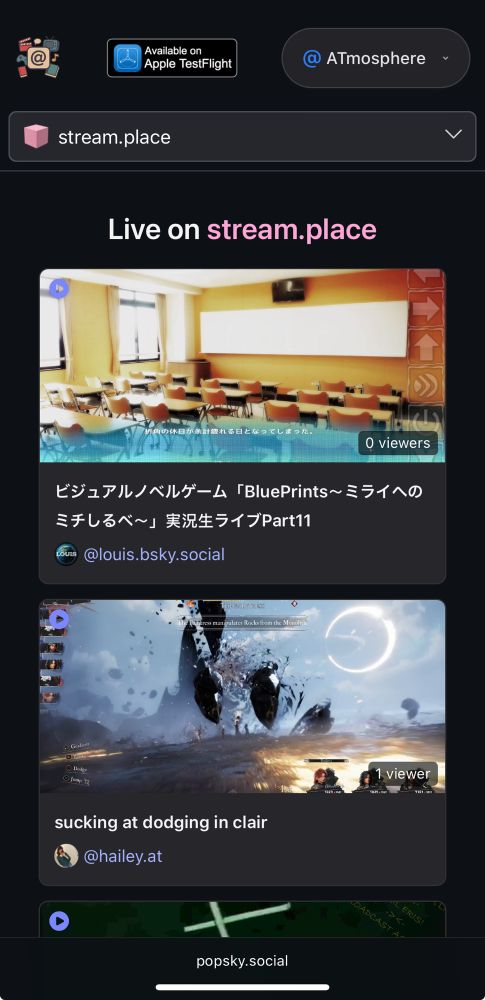 Stream.place feed on Popsky web