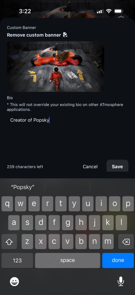 Profile form with options to remove banner and write description 