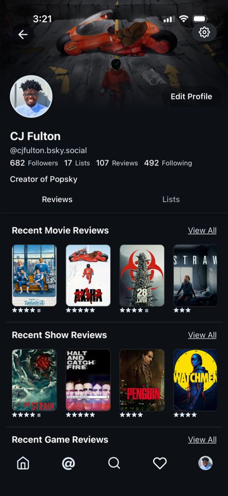 Example profile page with custom  Akira banner and bio reading “Creator of Popsky”