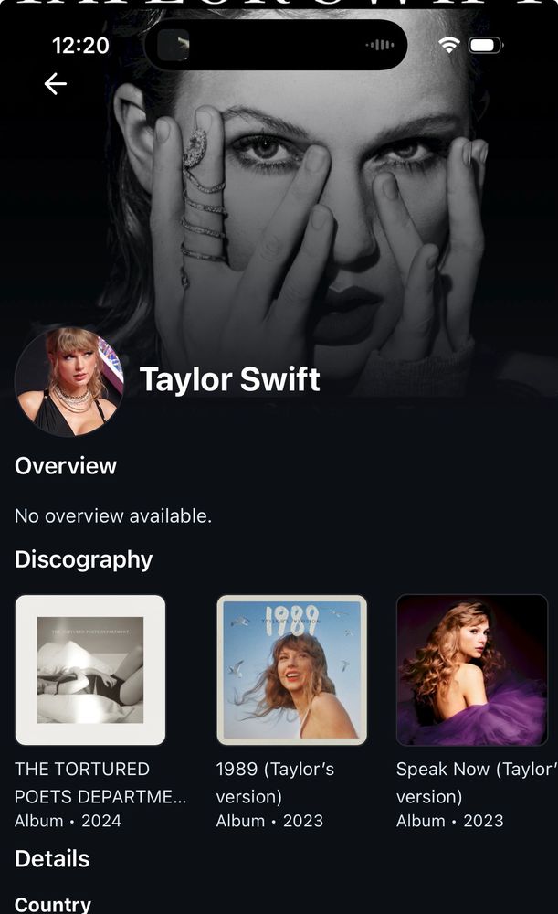 Tayler swift artist page with her discography 