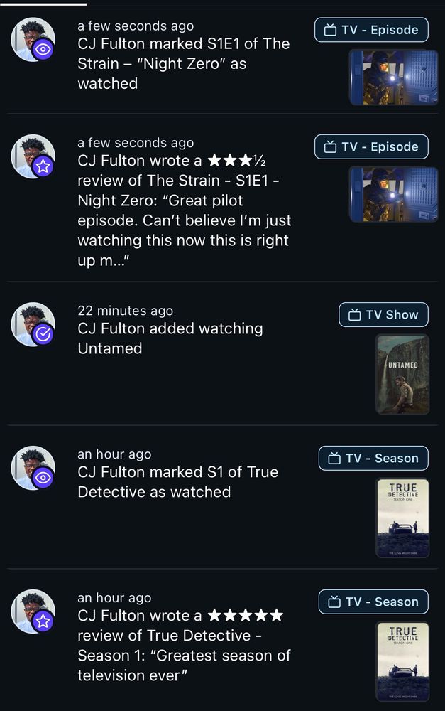 Activity page with season and episodes marked as watched. 