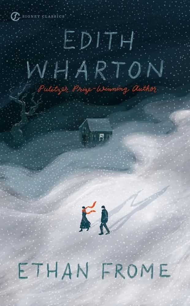 Cover art for Edith Wharton’s novel ‘Ethan Frome.’ Two characters walk through the snow, one wearing a red scarf pulled by the wind. 