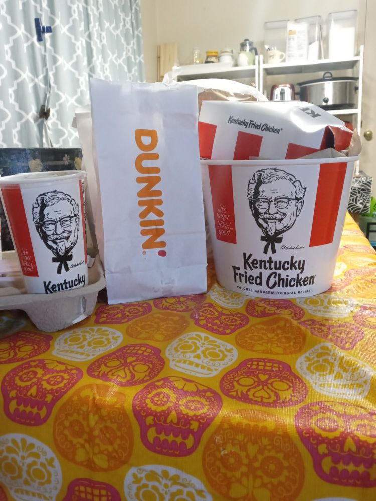 Image of bucket of KFC fried chicken, bag of Dunkin' donuts, and cup of soda. Because this is the meal my Elder Gen Alpha Child requested.