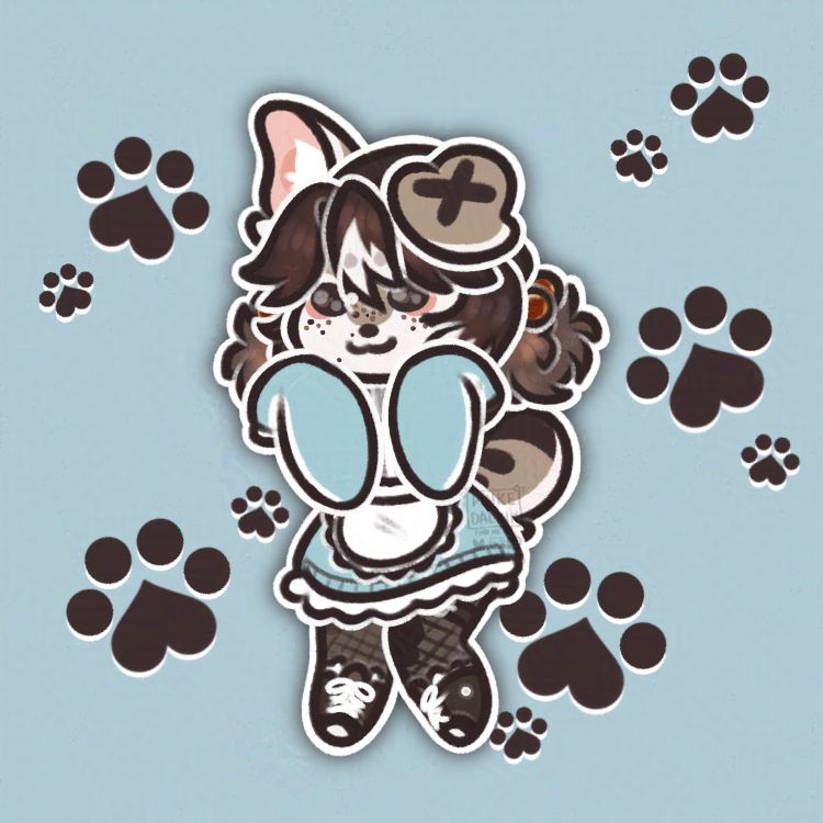 Itty bitty chibi of a furry pomsky character with pawprints around her.