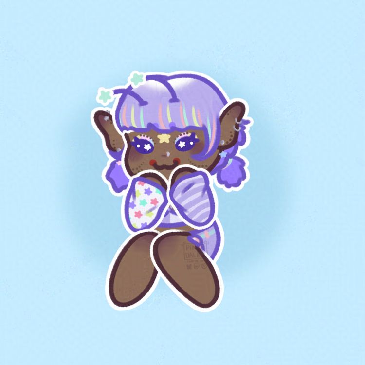 Sitting itty bitty chibi of an alien oc. She has purple hair and a purple outfit with star antenna and piercings in her ears.