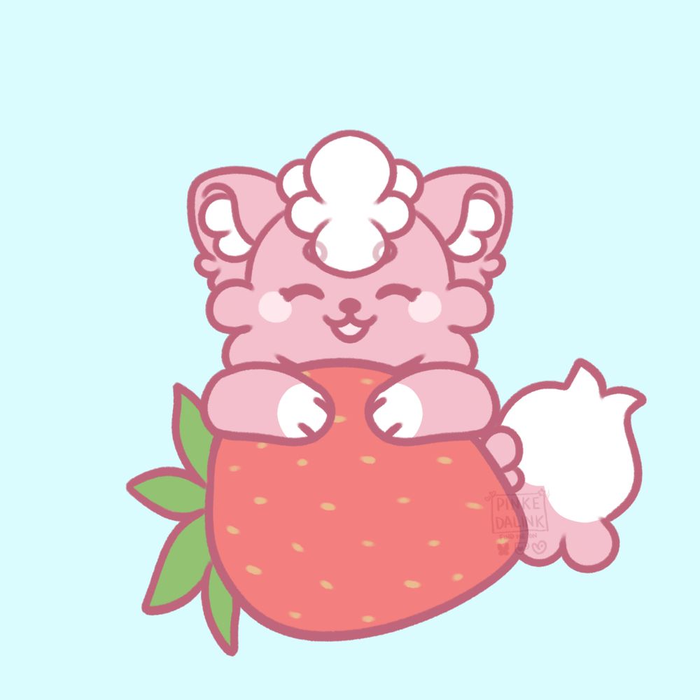 Symmetrical chibi of a pink furry character with rounded fur. She is holding onto a giant strawberry, smiling with her eyes shut and blushing. A fluffy tail sticks out of the strawberry.