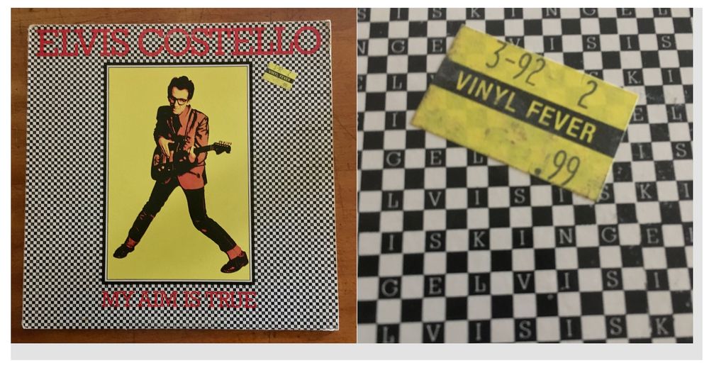 A photograph of the cover of Elvis Costello's 1977 LP, "My Aim is True" and a close-up photo of the 99-cent price tag from Tallahassee Florida record store, Vinyl Fever.