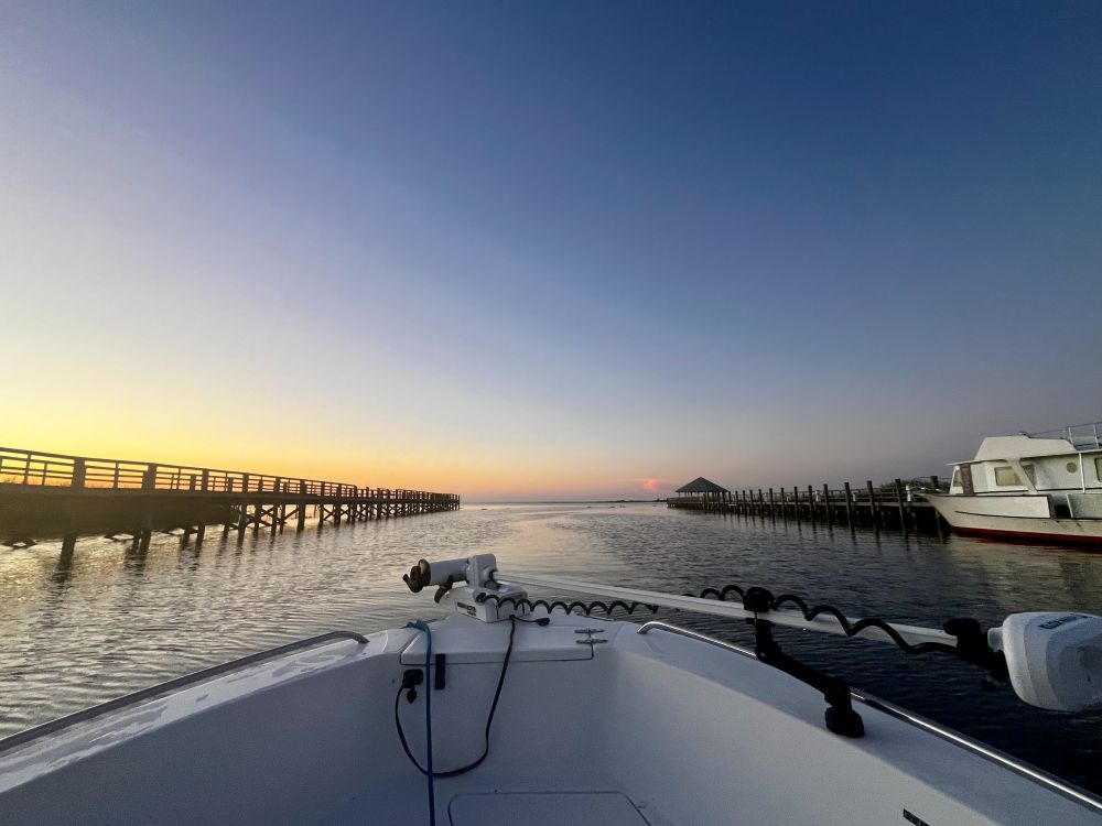 A photograph taken from the bow of a boat as it moves through a channel toward the Apalachicola Bay.