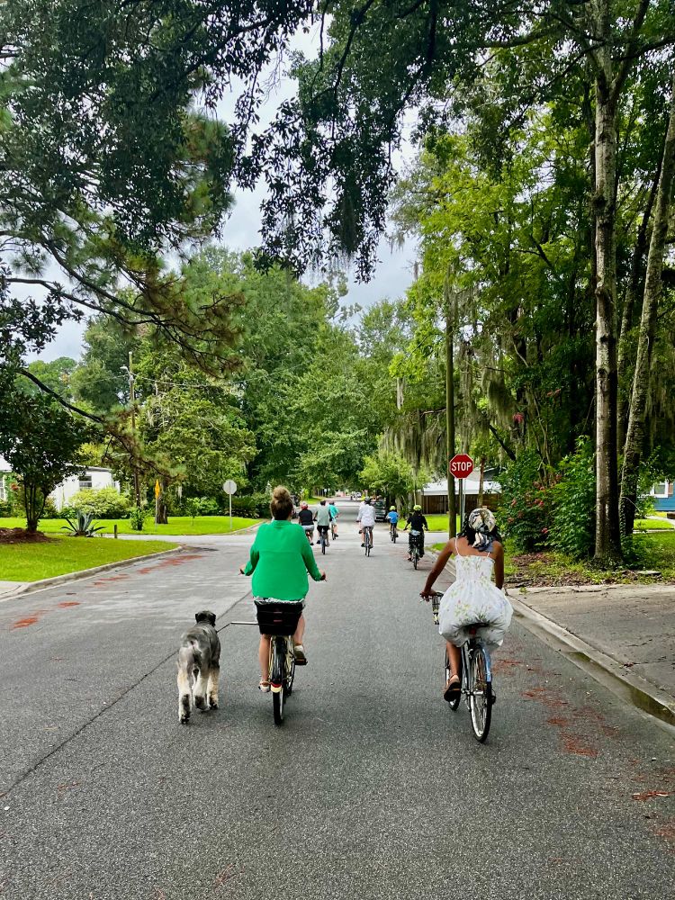 A photograph of group of bicyclists on a leisurely ride through the Ardmore neighborhood in Savannah, Georgia. The ride was sponsored by Bike Walk Savannah, the local mobility advocacy organization. 