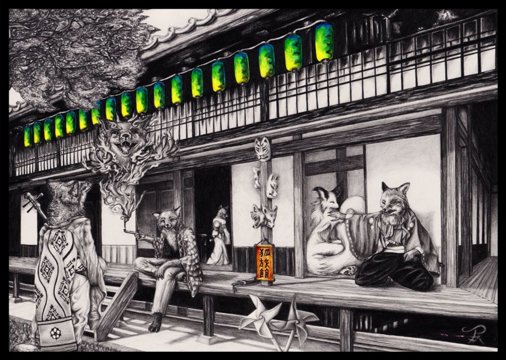 a complex and detailed pencil artwork of multiple kitsune in a traditional japanese setting