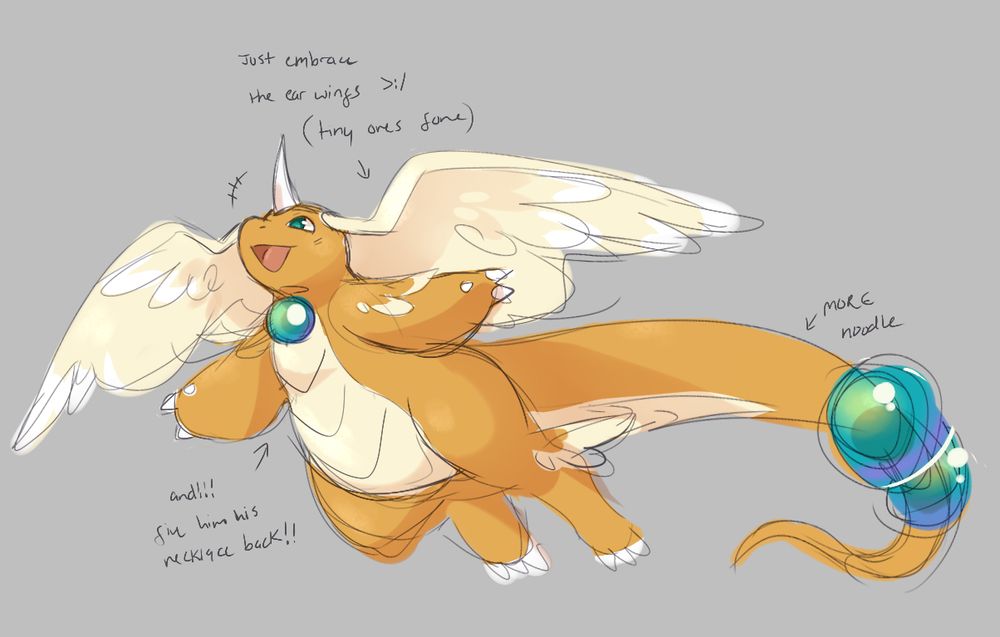 A Mega Dragonite with a slightly tweaked design: its smaller wings have been removed, and additional pearls have been added to its neck and tail. The tail is also longer. The written notes say "Just embrace the ear wings >:/ (tiny ones gone), "and!!! give him his necklace back!!" and "MORE noodle"