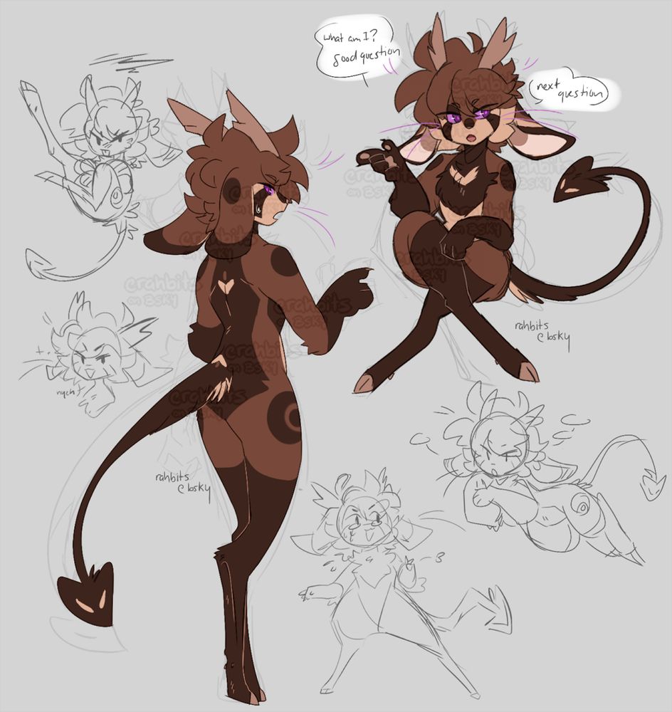 A doodle page of one of the artist's fursonas; some parts of the design have been tweaked. The text on the upper right doodle says "What am I? Good question. Next question."