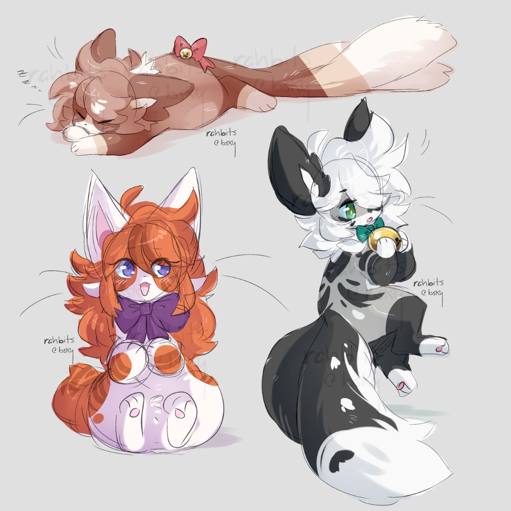 A doodle page featuring three cat characters: Lucifer (the brown and cream cat on the top with the red bow and small bell), Viola (the orange and white cat on the bottom left with the purple bow), and Robin (the grey, black, and white cat with the blue-green bow and larger bell).