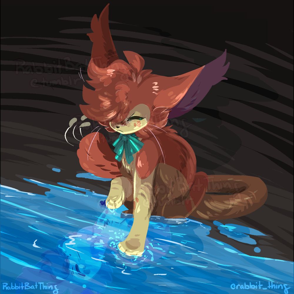 Artwork featuring a Skitty character wearing a blue bow tie on a simple, shadowy background that is contrasted by the water in the foreground. The Skitty sits at the boundary of the black and blue, looking down at their reflection with a frown.

The Skitty's reflection in the water has a different expression (a confident looking smile) and is wearing a differently colored and styled bow tie. In the darker background the Skitty's shadow is also oddly shaped, having a barely visible glaring blue eye.