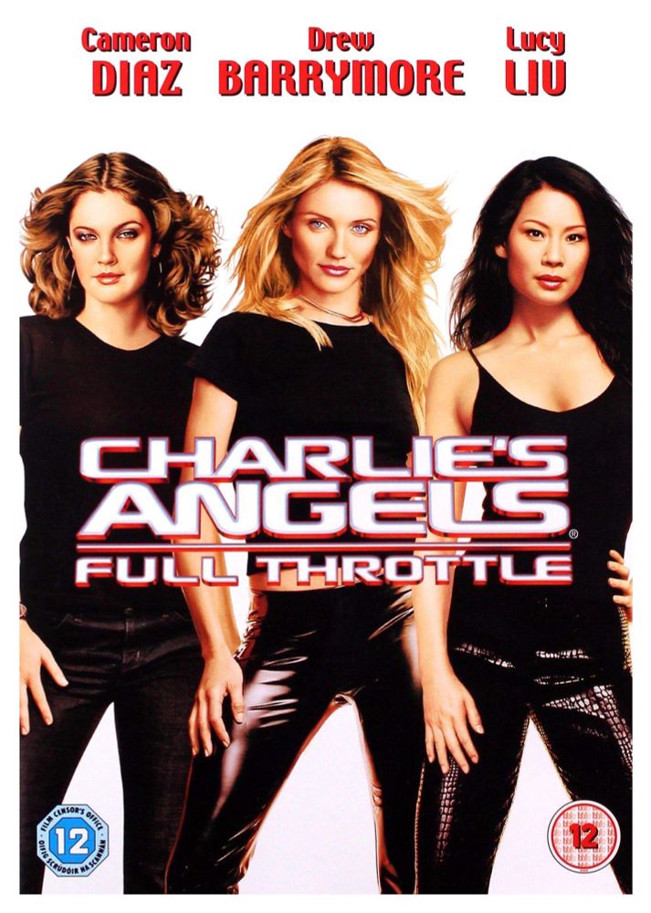 DVD cover of Charlie’s Angels: Full Throttle with Cameron Diaz, Lucy Liu and Drew Barrymore posing all in black against a white background in their leather-trousered glory 