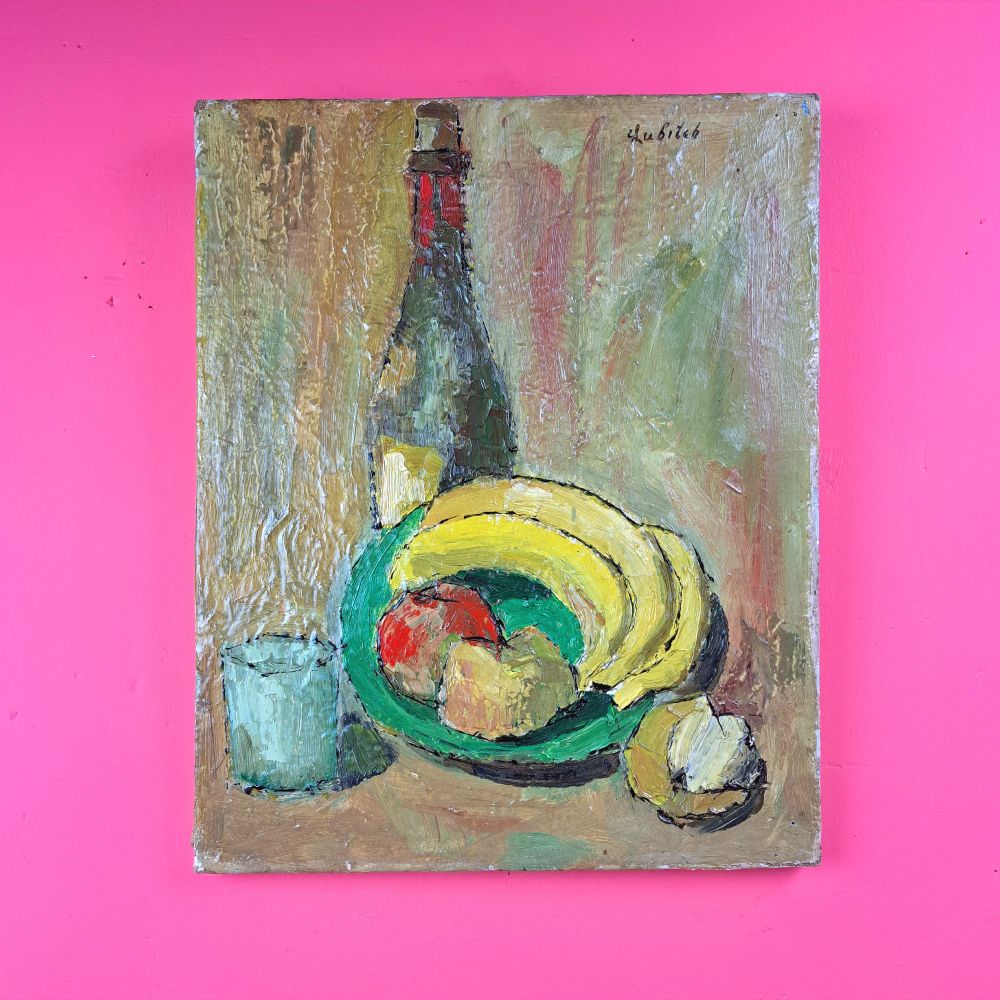 Stilleven met fruit en wan, lekker pasteus.