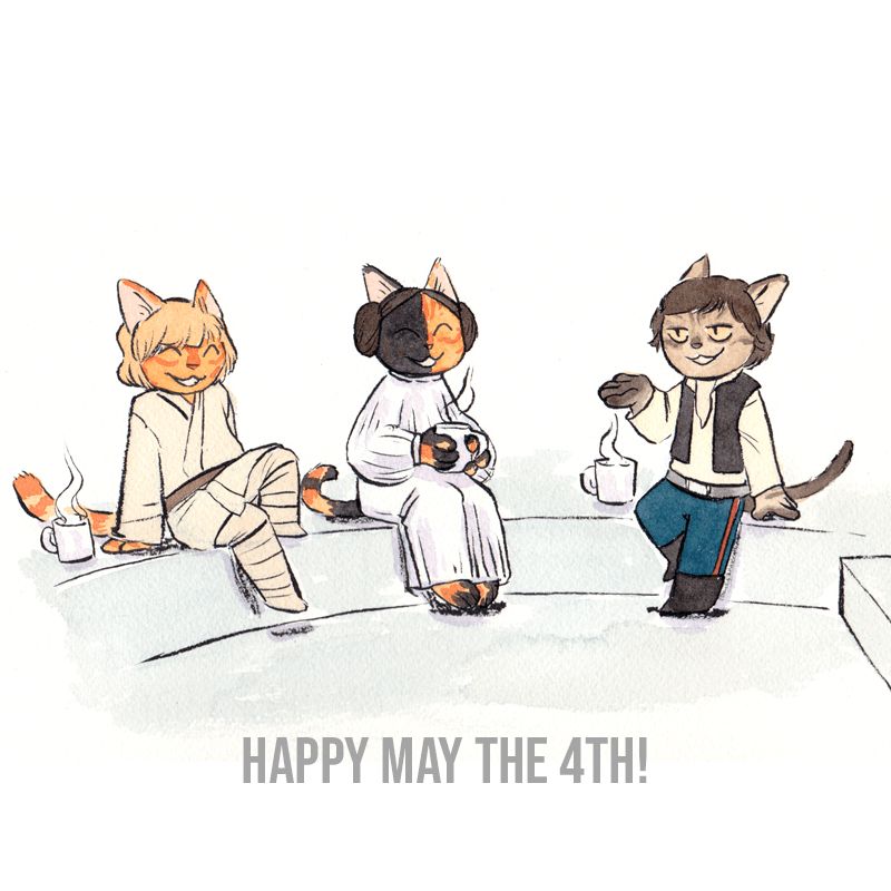 Luke, Leia and Han draw as cat characters, drinking a hot drink. Luke is an orange cat, Leia is a chimera tricolor cat (meaning that she's like a tortoiseshell cat but her face markings are split right in half for the face. One half is orange tabby, one half is black cat), Han is a brown tabby.