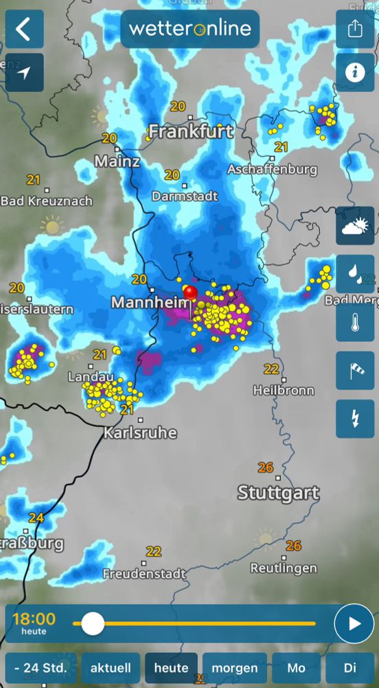 Regenkarte Region Mannheim mit Anzeichen für Gewitter