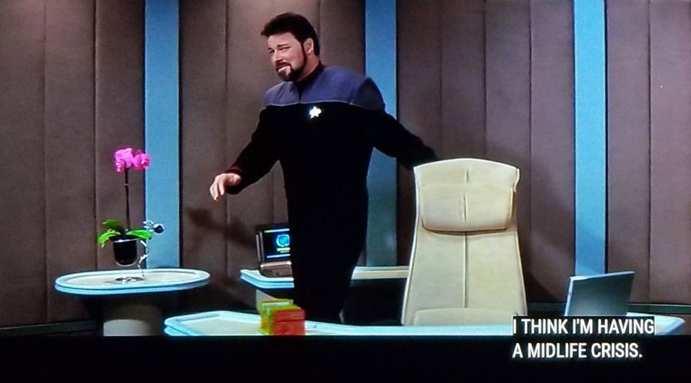 We're on the Enterprise from the TNG film Insurrection. Riker is walking behind his ready room chair mid-movement. He has a kind of pained smile squint look. There's an orchid on the table. Orchids are nice. Closed caption reads, "I think I'm having a midlife crisis."