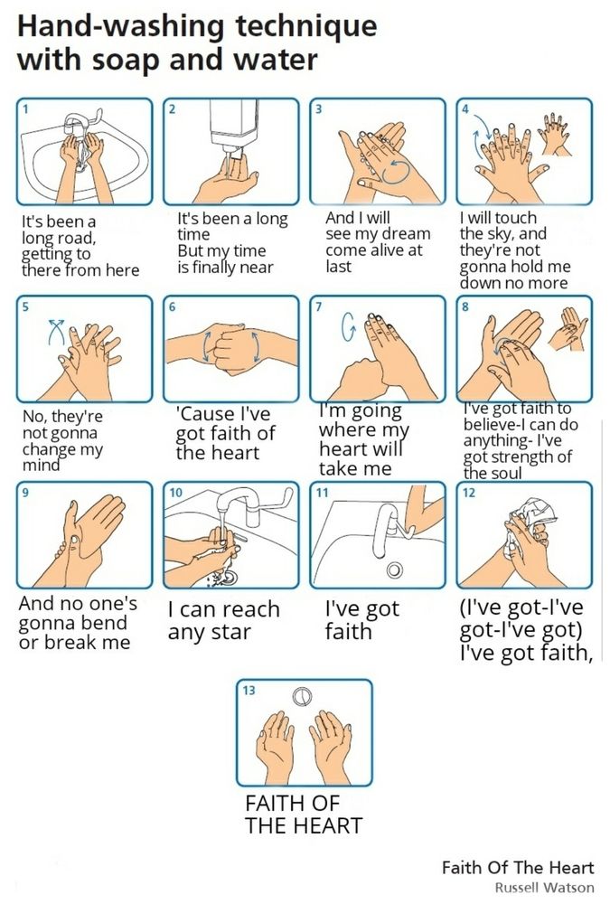 Ok so its one of those dept of health posters you find in bathrooms. The poster is 13 little comic book scene style squares displaying hands in various stages of hand warshing with music lyrics under each one to help you, the filthy hand warsher, know how long you should spend warshing your filthy, disgusting hands. The top of the poster reads, "Hand washing technique with soap and water." And the music that reads under each square is as follows, "(1) It's been a long road, getting to there from here(2)It's been a long time but my time is finally near(3)And I will see my dream come alive at last(4)I will touch the sky, and they're not gonna hold me down no more(5)No, they're not gonna change my mind(6)'Cause I've got faith of the heart(7)I'm going where my heart will take me(8)I've got faith to believe-I can do anything- I've got strength of the soul(9)And no one's gonna bend or break me(10)I can reach any star(11)I've got faith(12)(I've got-I've got-I've got) I've got faith,(13)FAITH OF THE HEART"
