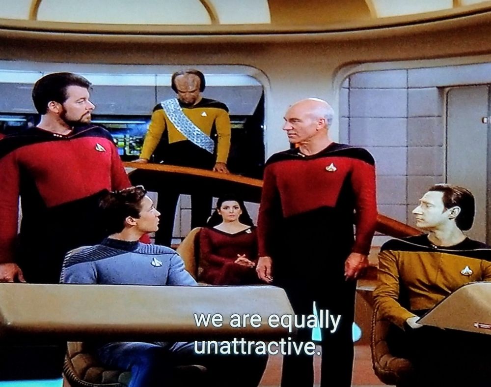 Star Trek The Next Generation scene. We're on the ol' Enterprise D looking at the bridge. We've got Data sitting in his spot up front, Wesley crusher (the boy) to his right, Troi is sitting left of the Captain's chair and Worf is back at Tactical looking down. In the middle of it all is Picard and Riker standing up, and looking at each other. The tension is palpable. Closed caption reads, "we are all equally unattractive."