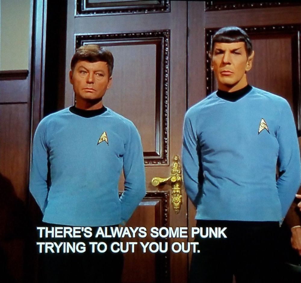 Star Trek The Original Series scene. We're in an older earthlike building with nice wooden doors, bougie mouldings, and golden doorknobs, like a nice fancy house or courtroom type building. Standing up at attention is Spock and Bones, both in blue uniforms, hands held behind each of their backs. Closed caption reads, "There's always some punk trying to cut you out."