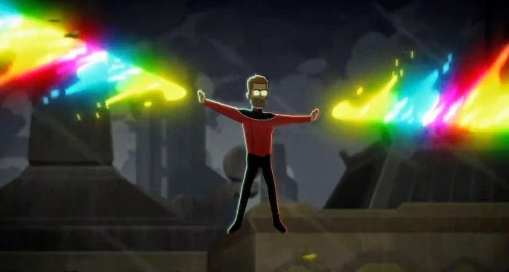 Star Trek Lower Decks scene. We're outside on a  planet with large industrial buildings in the background at night. Hovering in mid-air is Captain Ransom. He's floating and shooting rainbow colored fire out of each arm. His eyes glow yellow. 