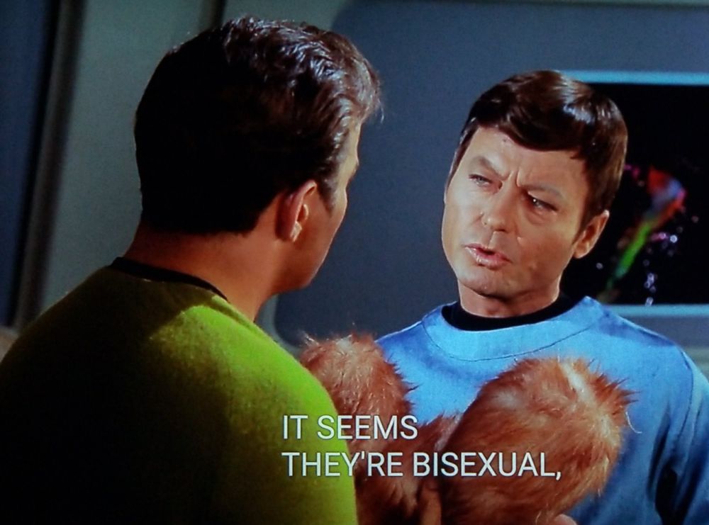 Star Trek The Original Series scene. Ok, we're on ship and see Dr. McCoy and Captain Kirk, but we see McCoy frontally and Kirk from the backaly. Bones is holding furry balls in his hands between he and Kirk. McCoy's fluffy furry balls are about cantalope sized. Closed caption reads, "It's seems they're bisexual"