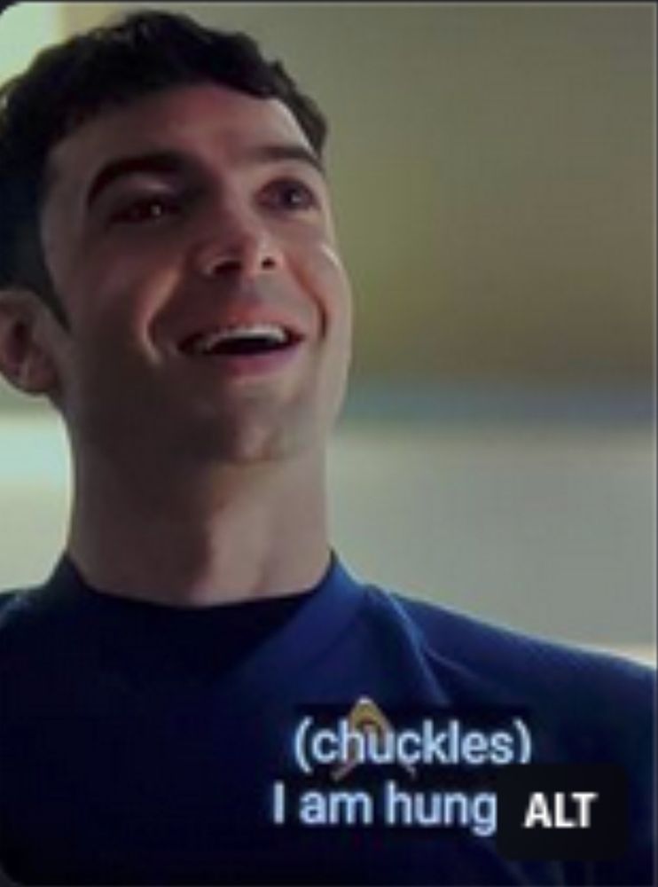 Screenshot of the first image but the "alt text" taggy button thingy that hovers over the image obscures part of the caption so instead it reads,
"(chuckles)
I am hung"