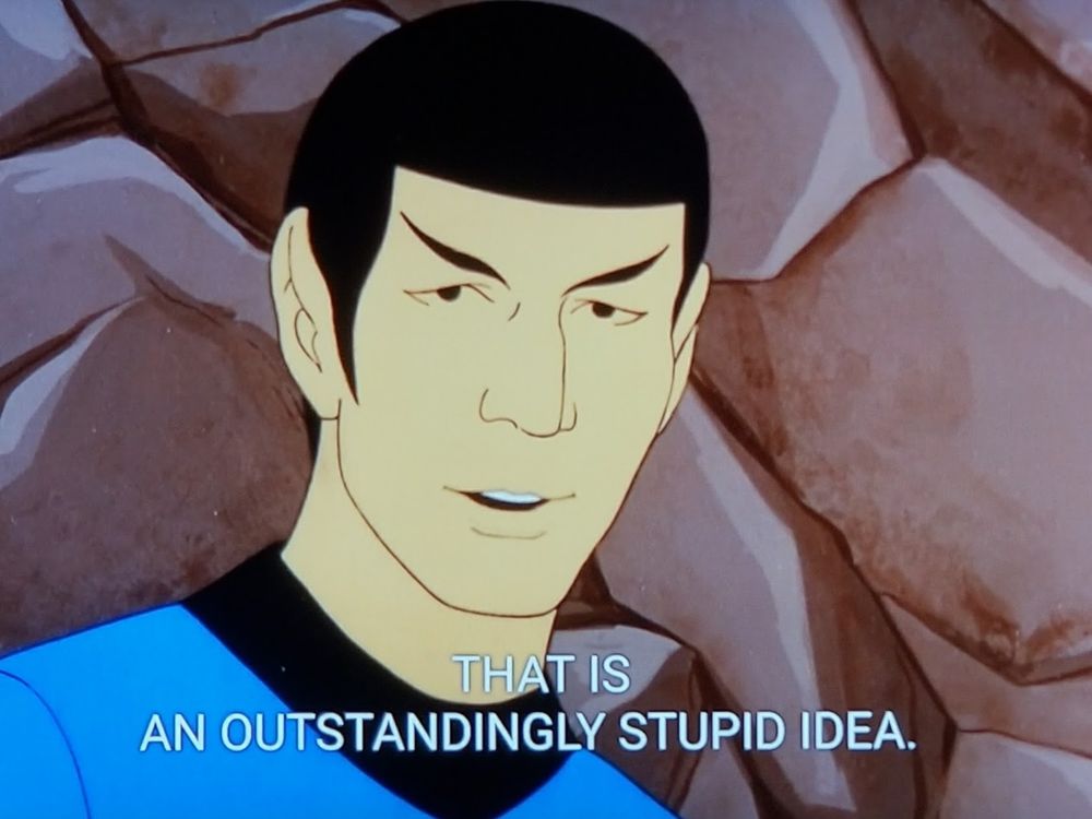 Star Trek The Animated series scene. We have a (cartoon) Spock shown from the shoulders up in his blue uniform. He's standing against a rock wall. The rock wall, I would say, looks rocky and in the tan /brown family of colors, similar to rocks and earth like surfaces. Nothing else particularly exciting happening otherwise. Closed caption reads, "That is an outstandingly stupid idea."