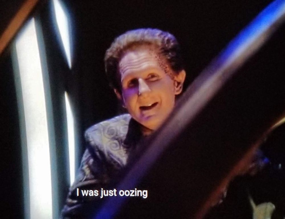 Star Trek Deep Space Nine scene. Odo (buckets of fun🎶) is pictured, but it's basically opposite day. He has different hair, a more flamboyant design on his uniform versus the usual drab and boring beige, and he's smiling while peeking out from behind something. Closed caption reads, "I was just oozing."