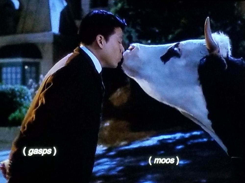 Voyager scene. It's a romantic evening setting on the street of a charming little town. Harry Kim, dressed in an overcoat, leans in with a full heart and eyes closed, and kisses a large black and white colored Holstein cow right on the mouth. Two closed captions are simultaneously present: On Harry's side of the screen the caption reads,  "(gasps)" and on the cow side of the screen the caption reads, "(moos)".