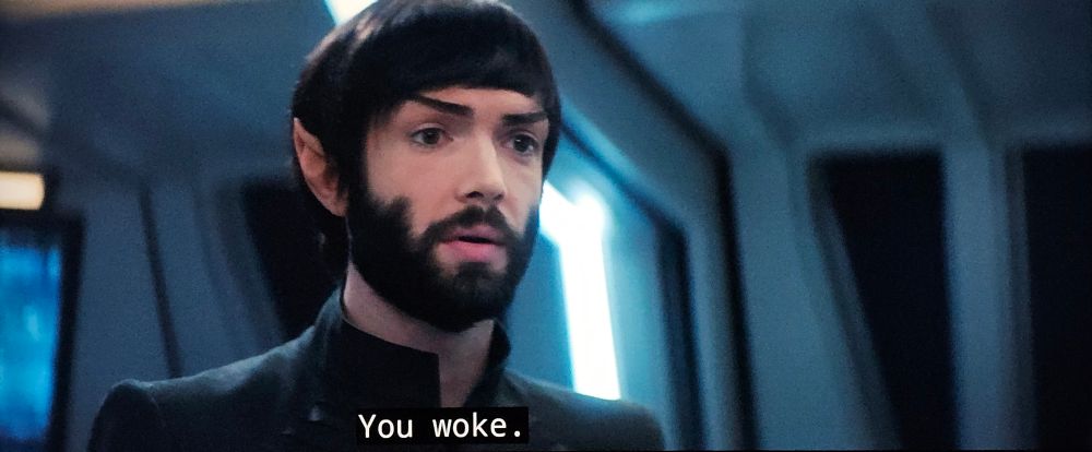 Star Trek Discovery scene. We're in the medical unit and close in on Spock. He's younger here and has a thick beard so you know he's probably going through some stuff. Closed caption reads, "You woke."