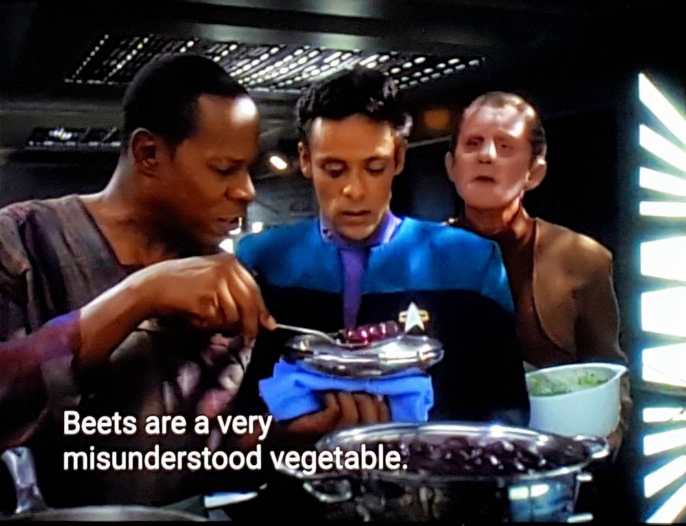 Deep Space 9 scene. The Sisko, Bashir, and Odo are in the kitchen and shoulder to shoulder. Sisko is wearing some of that classic colorful DS9 loungwear and cooking over a stove. He's holding out a spatula for Bashir to take a look or do a taste test. (Side note, I always wonder, does it go back in the pot? Do they use 20 new spoons doing taste tests?) Anyways, Basir looks nervous at whatever it is he's seeing. Odo, like a little brother wanting to be included in the party, stands just behind the two looking over Bashir's shoulder with great curiosity. Closed caption reads, "Beets are a very misunderstood vegetable."