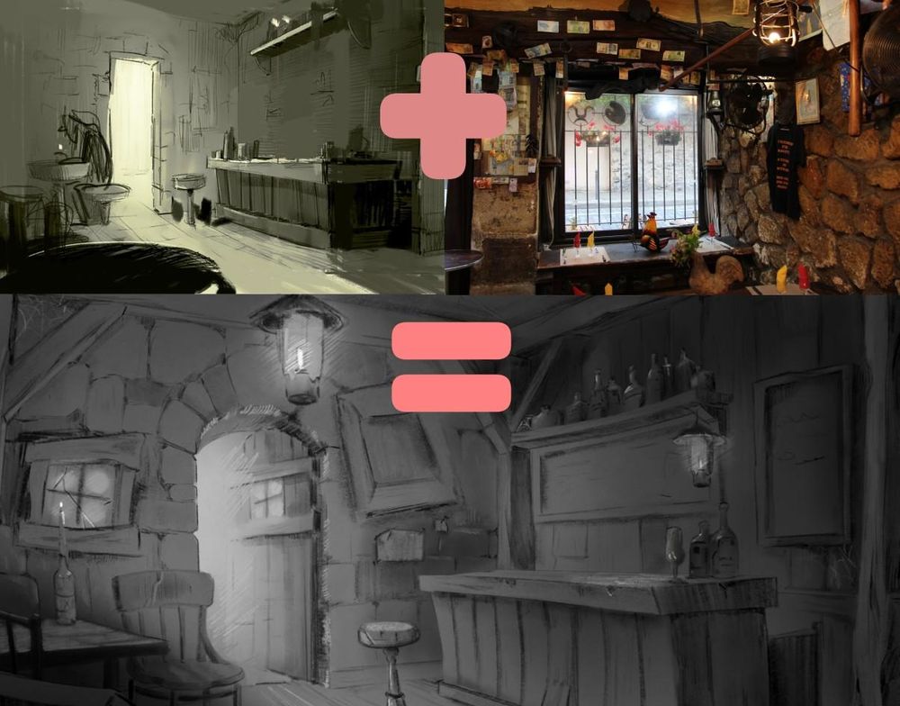Three pictures: an early sketch of a bar, with simple lines, a photo of an old inn in Paris, and at the bottom, a much more detailed black and white sketch